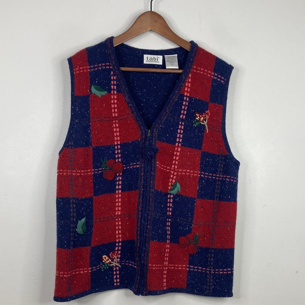 Vintage Sweater Vest Womens Large Blue Red Patchwork Embroidered Floral Full Zip